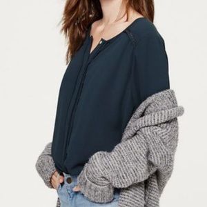 Ann Taylor Loft Blue Ladder Lace Button Down Blouse Navy Long Sleeve Top